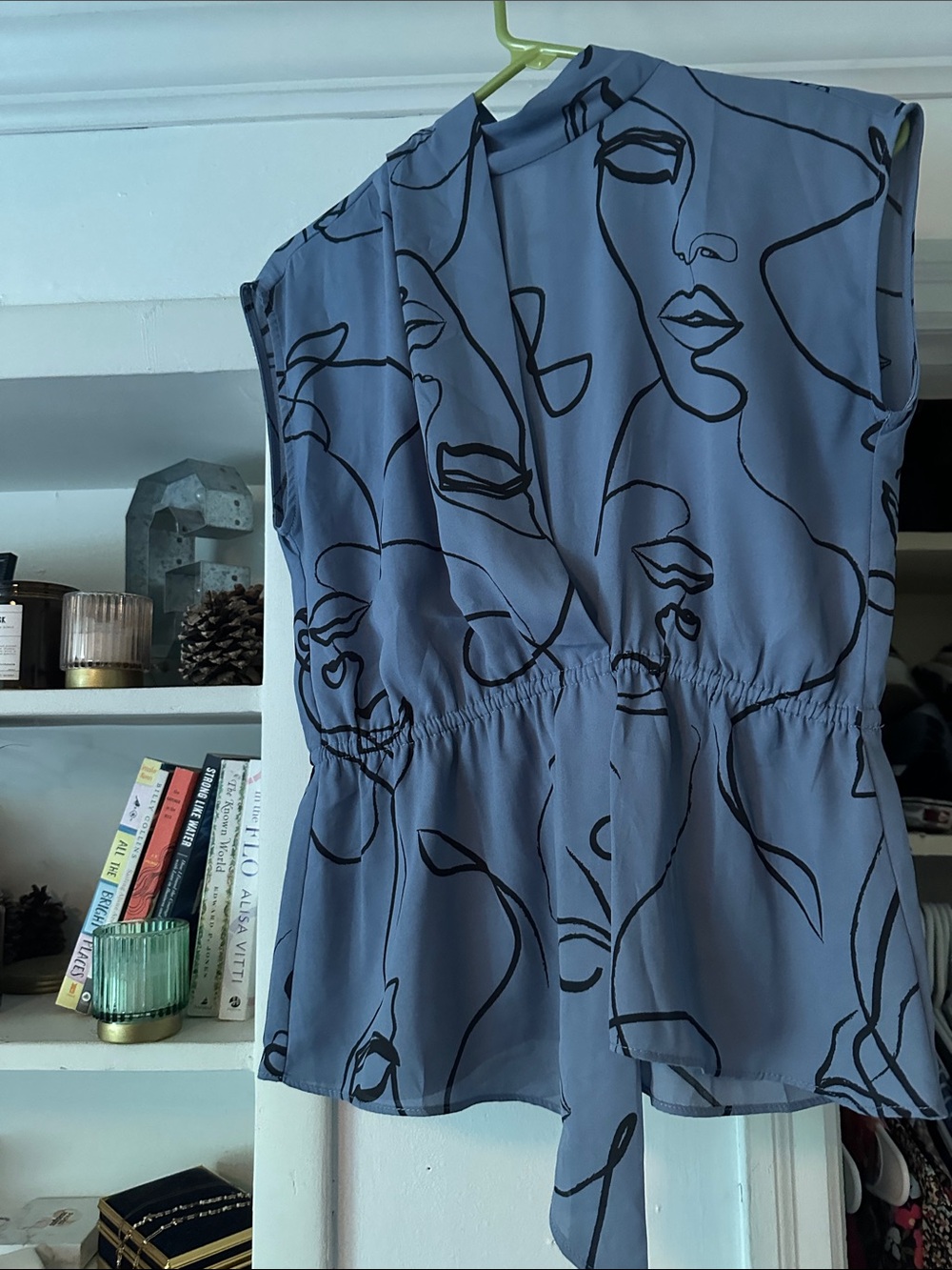 Worthington Blouse: Light blue hint of purple, line art abstract face